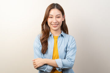 happy young asian woman smiling isolated on background.