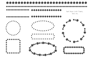 手描きの円のライン、フレームセット。モノクロ。