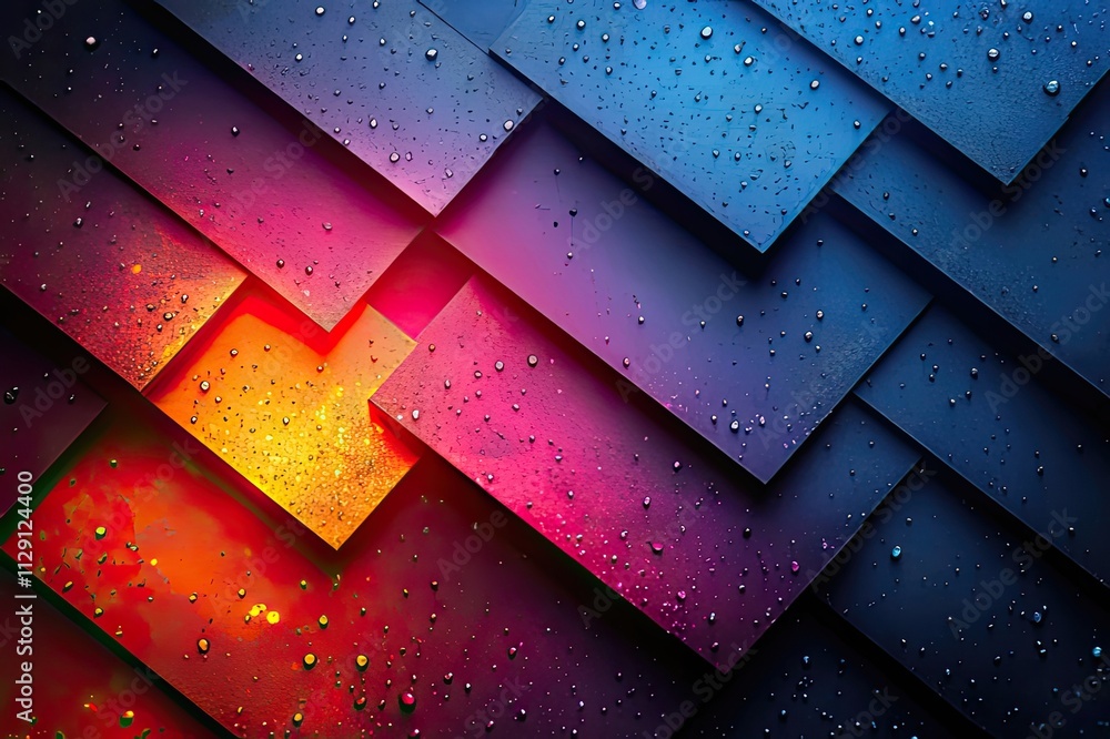 Poster vibrant abstract design with layered textures and droplets reflecting light in a dynamic color palet