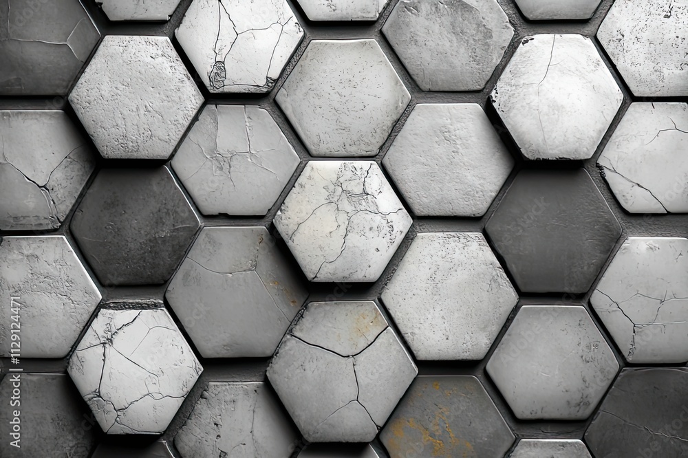 Poster intricate arrangement of hexagonal concrete tiles showcasing texture and depth in a modern design. g