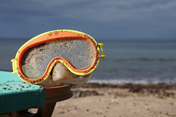 Diving mask left on the beach ocean seascape 