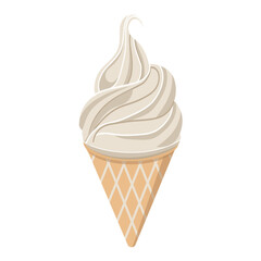 Flat illustration of vanilla ice cream in a waffle cone. Beige and white  ice cream on white background. Swirl of soft serve ice cream. Vector illustration of a sweet dessert.