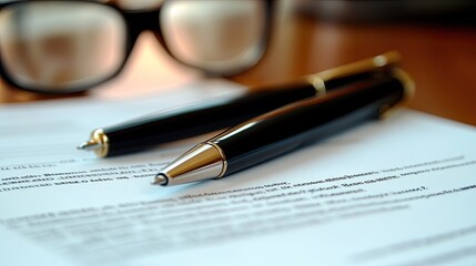 Two elegant pens rest on a document near eyeglasses.
