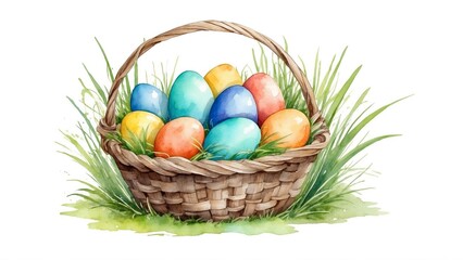Obraz premium Easter Postcard Watercolor basket of colorful Easter eggs on grass.