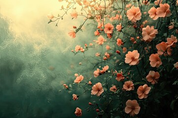 Blossoming flowers illuminated by soft sunlight in a tranquil woodland setting during early morning hours, creating a serene atmosphere. Generative AI