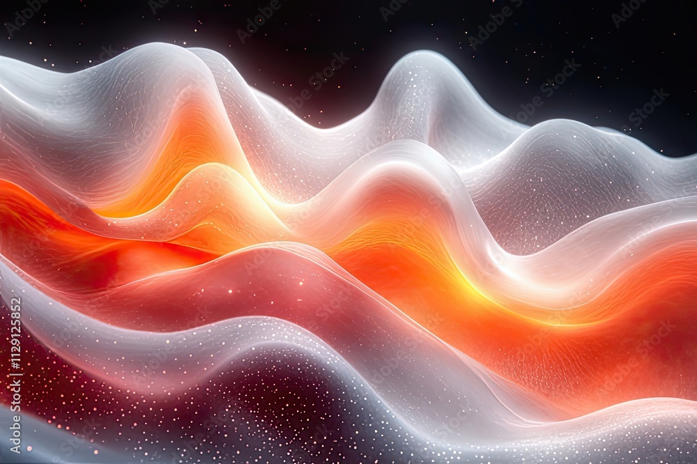Poster exploration of fluid dynamics with glowing waves in a mesmerizing cosmic landscape. generative ai