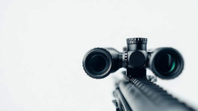 Sniper Rifle Scope with Visible Adjustment Knobs on Isolated White Background