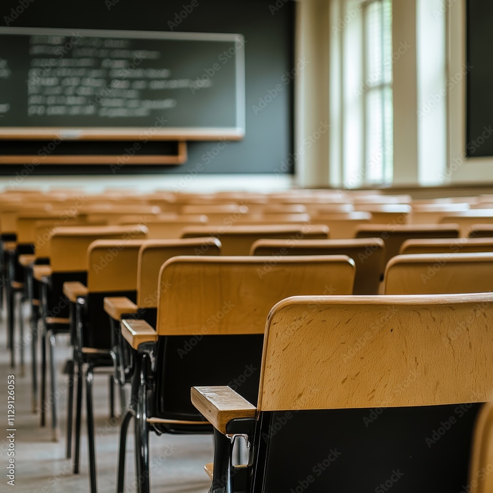 Aufkleber Empty defocused university classroom. Blurred school classroom without students with empty chairs and tables. Business conference room