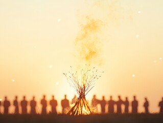 Fototapeta premium Diverse Gathering Around a Bonfire at Sunset Celebrating Winter Traditions
