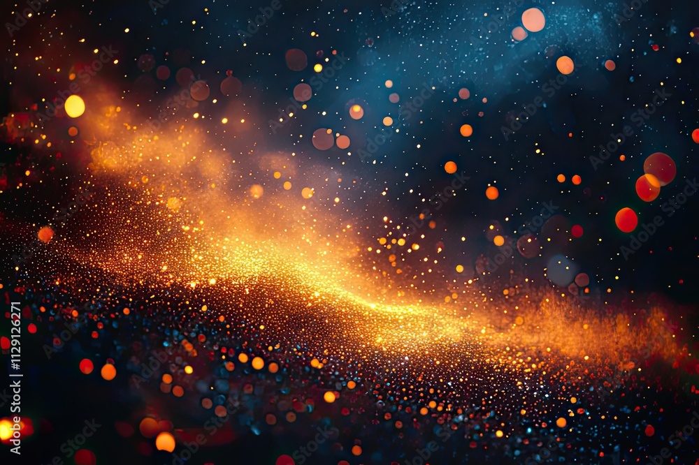 Poster vibrant cosmic waves illuminate the dark expanse with fiery sparks and luminous orbs in a mesmerizin