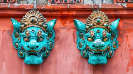 Fototapeta premium Ornate Turquoise Masks on Red Wall