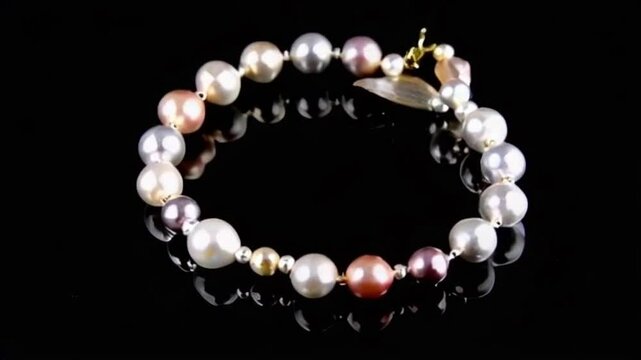 Pearl necklace rotating over black background, close up. Beautiful Natural pearls beads, elegant accessories. Slow motion.