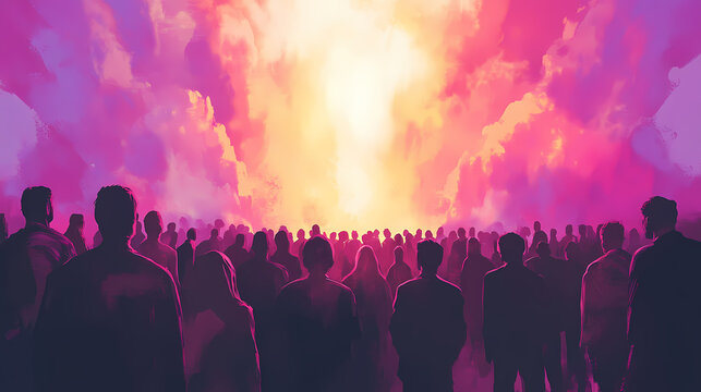 Crowd gazing skyward in anticipation, awaiting the return of jesus christ the master, biblical concept illustration. Rapture. Illustration