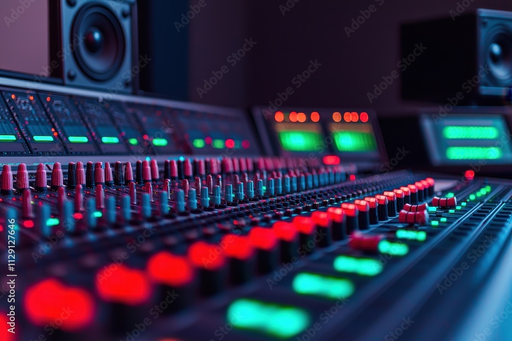 Poster a close-up view of a professional audio mixing console with colorful buttons and illuminated control