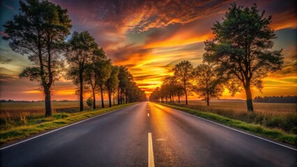 A scenic road lined with trees disappears into the horizon under a vibrant sunset sky