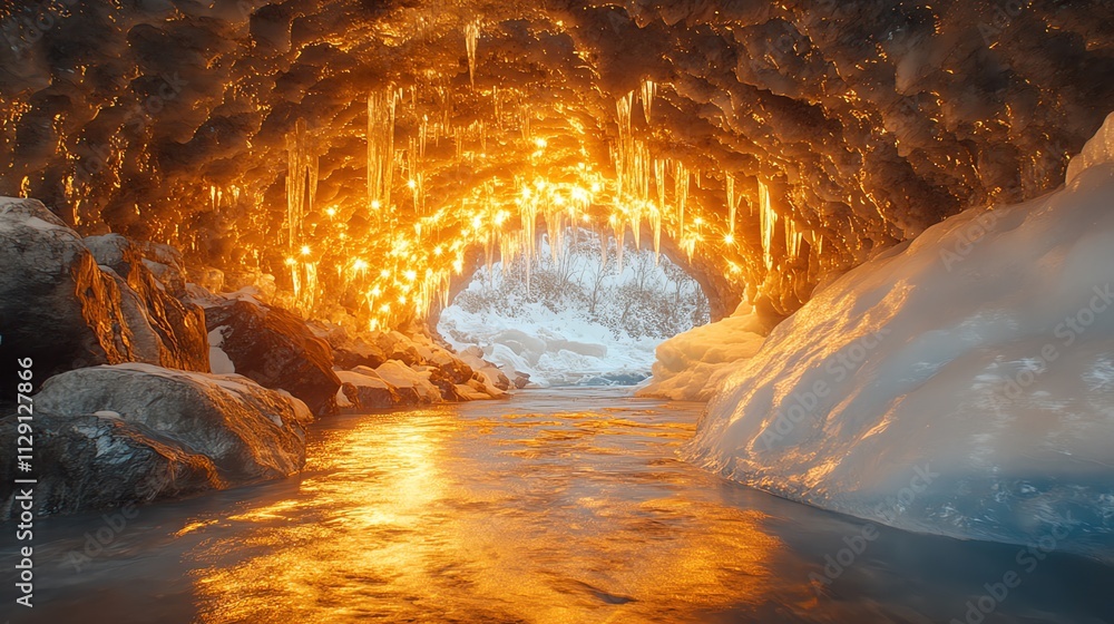 Poster a glowing ice cave with icicles and a river reflecting warm light.