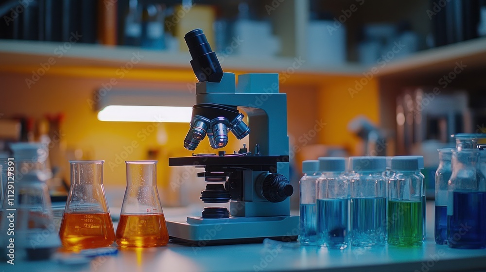 Poster microscope and lab equipment on a table in a dimly lit laboratory.