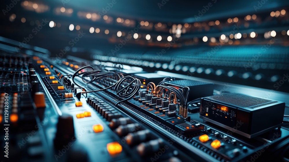Poster a close-up view of a sound mixing console with illuminated controls, showcasing cables and equipment