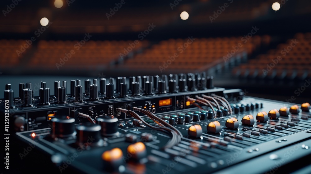 Poster a close-up view of a sound mixer at a concert venue, highlighting controls and lights, with empty se