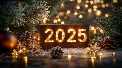 Cozy Winter Wonderland: Illuminated Garland and Wooden "2025" Sign Adorn a Festive Tabletop Surrounded by Snowflakes and Pine Cones, Celebrating the New Year.