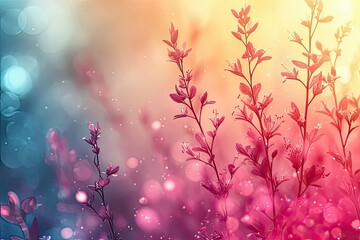 Beautiful blooming flowers surrounded by colorful bokeh lights create a dreamy atmosphere in vibrant hues and soft sunlight. Generative AI