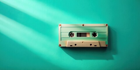 Fototapeta premium A vintage audio cassette tape, a relic of the past, sits on a bright turquoise background, bathed in soft sunlight.