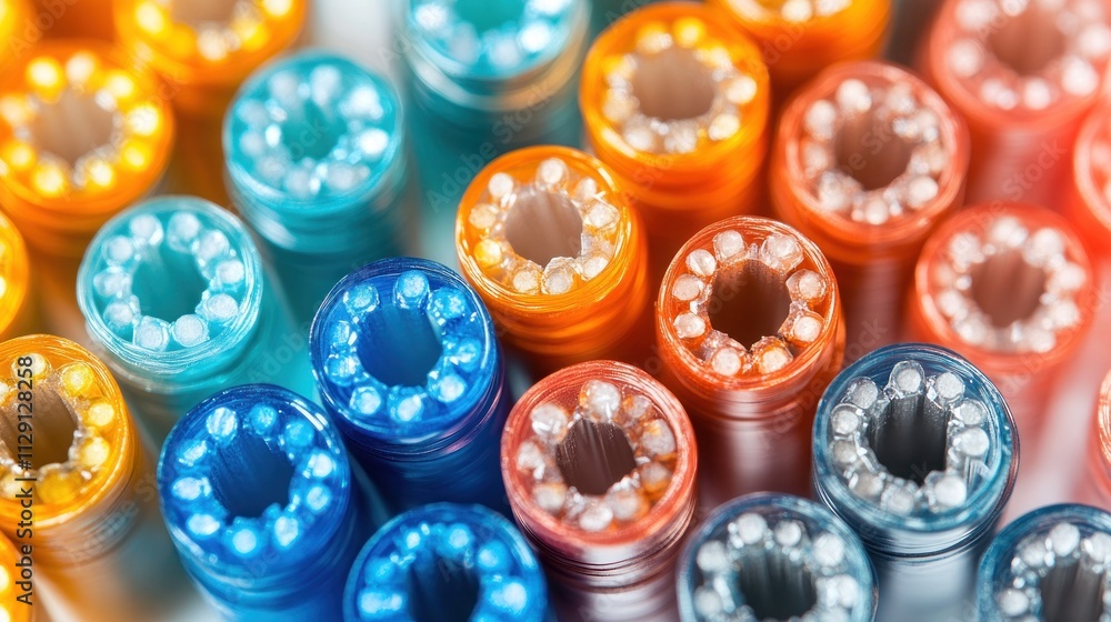 Poster close-up of colorful, translucent tubes with visible inner structures, arranged in rows.