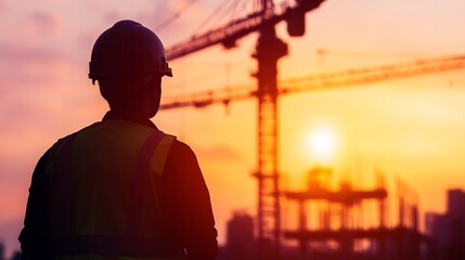 Silhouette of Crane Towering Over Cityscape at Sunset