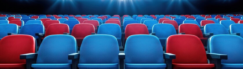 Fototapeta premium A vibrant arrangement of red and blue theater seats, illuminated by dramatic overhead lighting, creating a lively and inviting atmosphere.