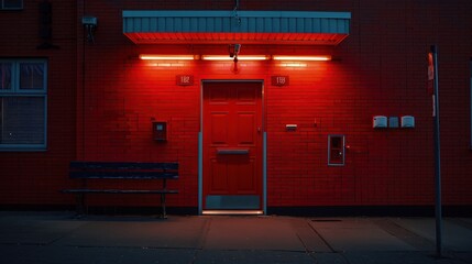 Vibrant Red Facade: A Striking Urban Scene at Night
