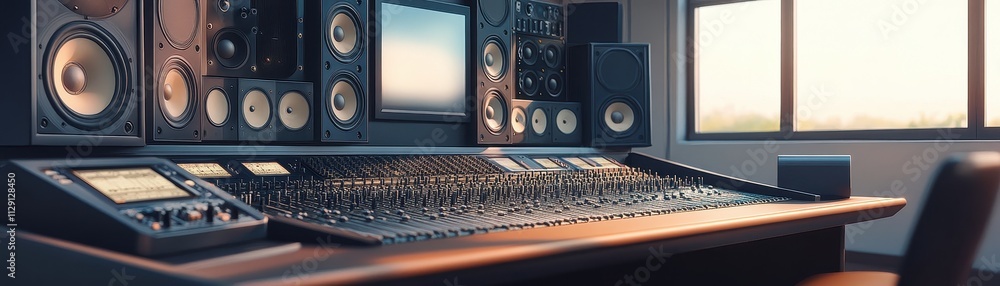 Poster a modern recording studio featuring a sound mixing console, large speakers, and a view of the outsid
