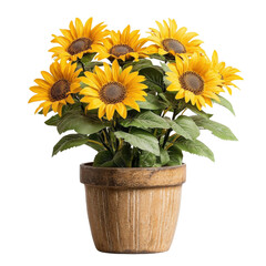 Obraz premium Sunflowers in rustic pot create vibrant and cheerful atmosphere. This beautiful arrangement adds touch of nature to any space, perfect for home or office decor