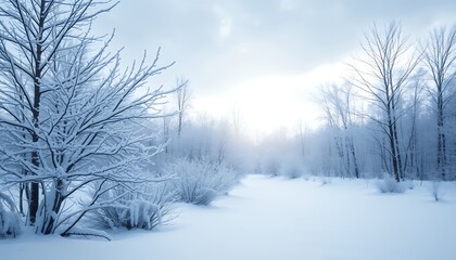 Obraz premium Winter Wonderland: Serene Snow Covered Forest Landscape in a Frosty Morning