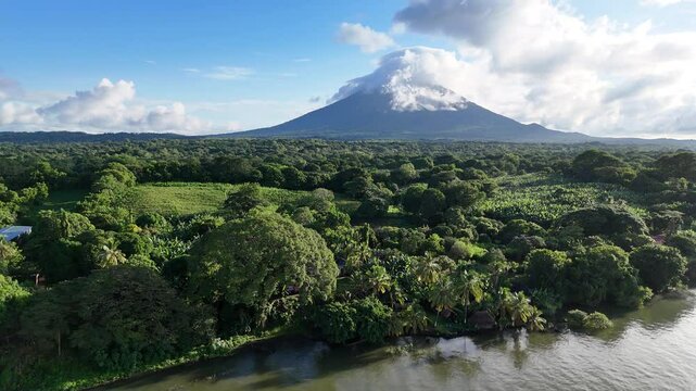Aerial landscape of Ometepe island with volcano on bright sunny morning