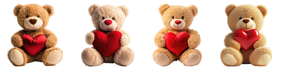 Obraz premium Teddy bear holding a red heart isolated on transparent background, Set of
