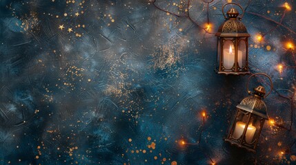 Ramadan kareem background with Two lit candles in lanterns, one on the left and one on the right. The candles are surrounded by a blue background, which gives the scene a calm and peaceful atmosphere