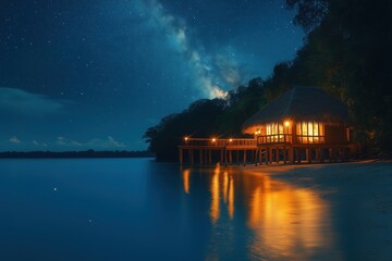 Obraz premium Serene and luxurious tropical escape: a stunning overwater bungalow glows under the mesmerizing starry night sky with warm lights