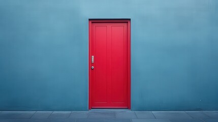 Vibrant Red Door Against Minimalist Blue Wall