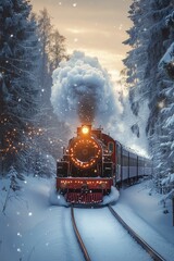 Red steam train with festive lights emitting steam and traveling through snowy forest at sunset, creating a magical winter wonderland scene