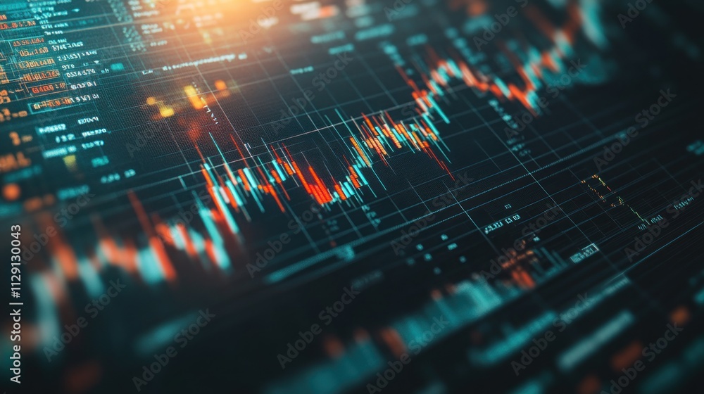 Poster digital financial chart displaying stock market trends and data analysis.