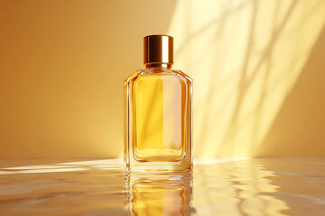 mock up bottle of perfume with gold yellow liquid on sunny natural light yellow environment dramatic background, commercial product usage