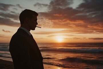 Fototapeta premium A young man in a dark suit stands on the beach, staring into the sunset while smoking a cigarette, the waves gently rolling in 2