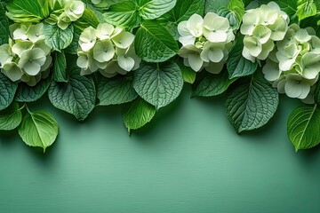 Delicate white blooms and lush greenery create a serene atmosphere in a vibrant green setting, showcasing nature’s elegance. Generative AI