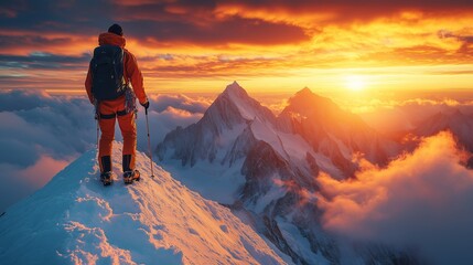 Fototapeta premium Man climbing in the Alps on sunset time