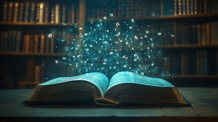 An open book with letters flying hologram icons