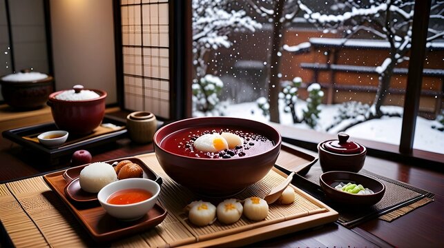 Anko Zenzai, warm red bean soup with soft mochi rice cakes, served in a lacquered bowl with a side of pickled plums with a small kotatsu table and snow falling softly outside . Ai