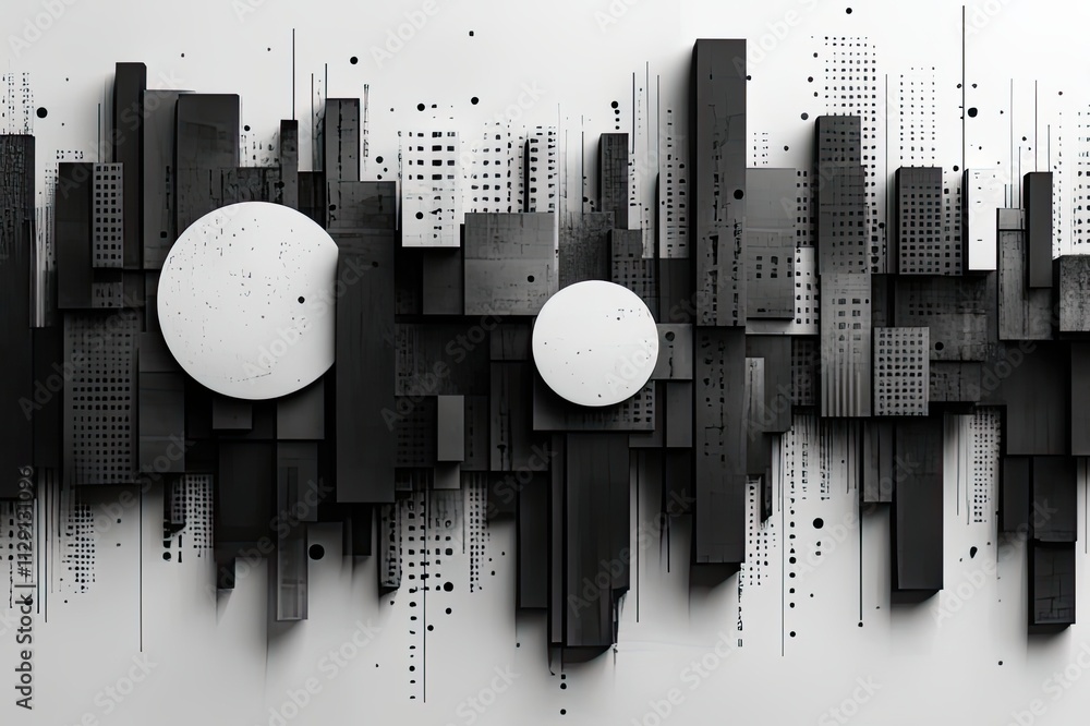 Poster bold geometric art installation blending black and white with circular forms on a textured wall. gen