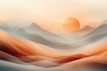 Stunning sunset illuminates the soft curves of mountains in a dreamlike landscape of warm colors and gentle hues. Generative AI