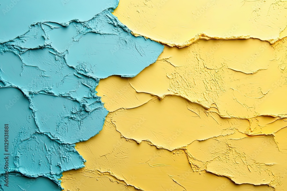 Poster textured layers of blue and yellow paint create a vibrant abstract artwork in a modern artistic sett