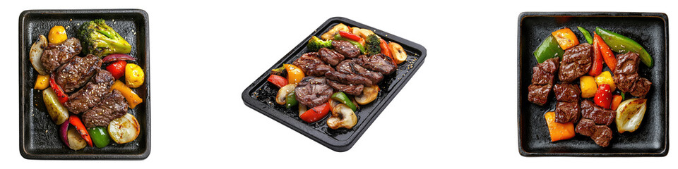 Teppanyaki grilled wagyu beef isolated on transparent background, Set of